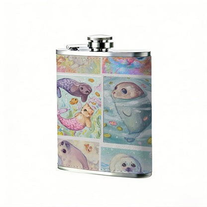 Six cute seal plush toys 1pc 8oz -Wrapped Portable Camping Flask, Stainless Steel Flat Liquor Bottle for Outdoor Use