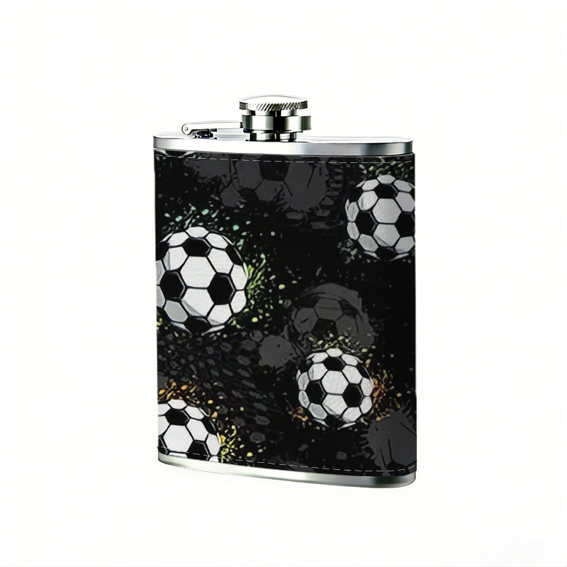 Multiple soccer balls on dark background 1pc 8oz -Wrapped Portable Camping Flask, Stainless Steel Flat Liquor Bottle for Outdoor Use
