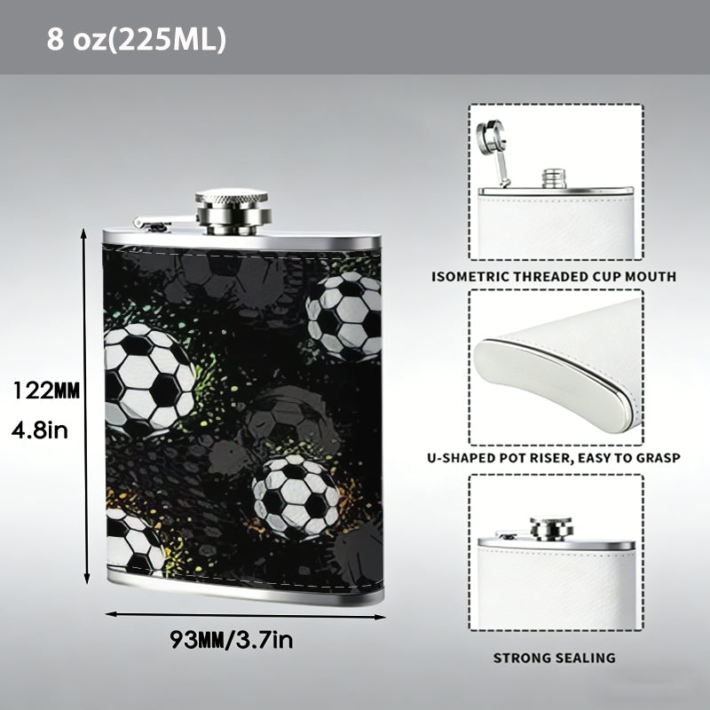 Multiple soccer balls on dark background 1pc 8oz -Wrapped Portable Camping Flask, Stainless Steel Flat Liquor Bottle for Outdoor Use