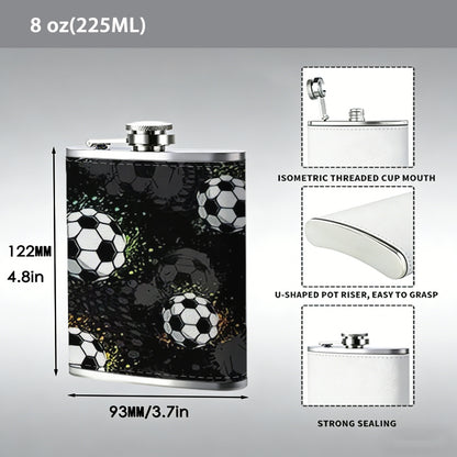Multiple soccer balls on dark background 1pc 8oz -Wrapped Portable Camping Flask, Stainless Steel Flat Liquor Bottle for Outdoor Use