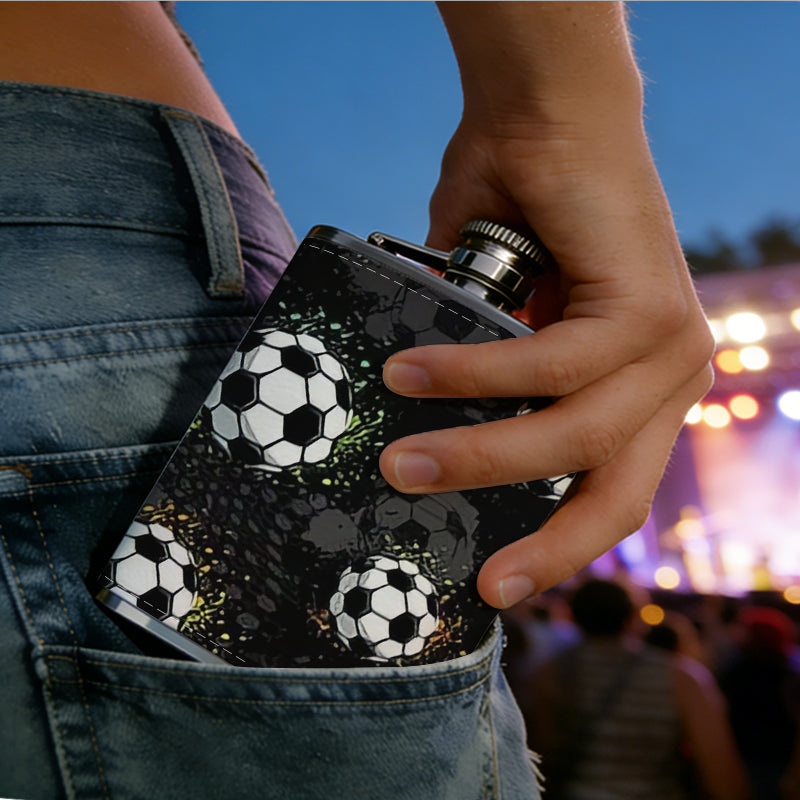 Multiple soccer balls on dark background 1pc 8oz -Wrapped Portable Camping Flask, Stainless Steel Flat Liquor Bottle for Outdoor Use