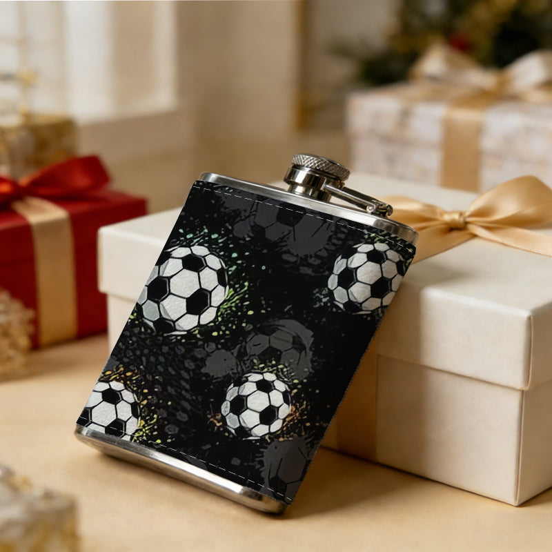 Multiple soccer balls on dark background 1pc 8oz -Wrapped Portable Camping Flask, Stainless Steel Flat Liquor Bottle for Outdoor Use