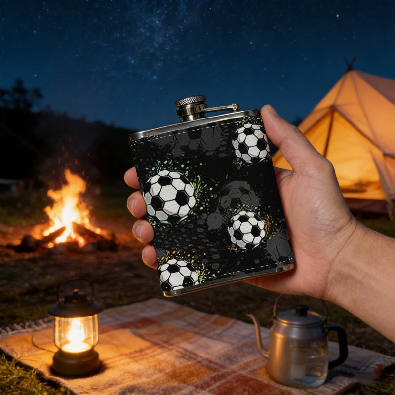 Multiple soccer balls on dark background 1pc 8oz -Wrapped Portable Camping Flask, Stainless Steel Flat Liquor Bottle for Outdoor Use