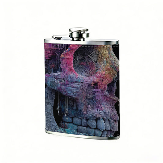 Glitchy colorful skull artwork 1pc 8oz -Wrapped Portable Camping Flask, Stainless Steel Flat Liquor Bottle for Outdoor Use