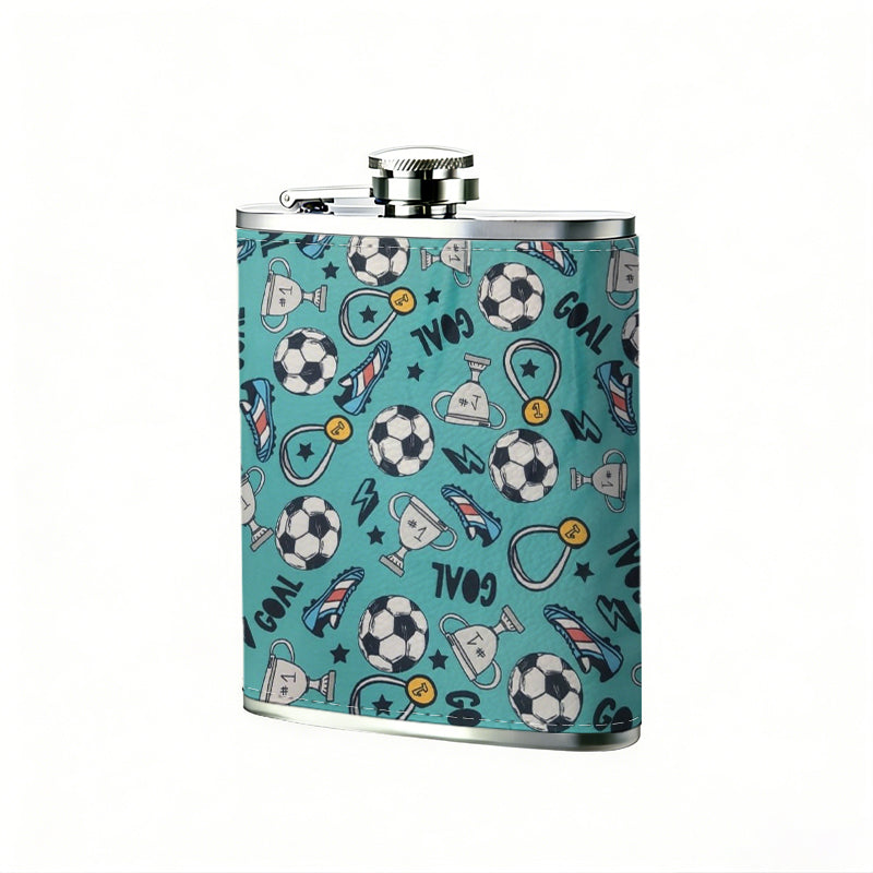 Soccer balls on teal background 1pc 8oz -Wrapped Portable Camping Flask, Stainless Steel Flat Liquor Bottle for Outdoor Use