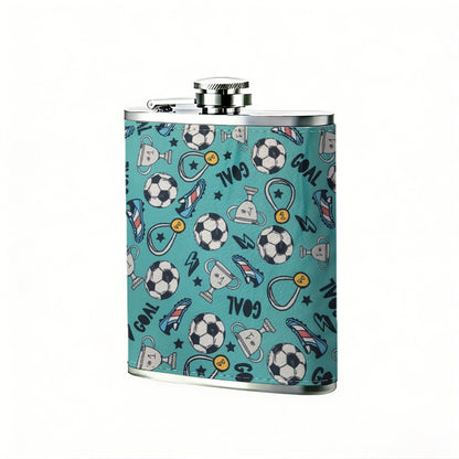 Soccer balls on teal background 1pc 8oz -Wrapped Portable Camping Flask, Stainless Steel Flat Liquor Bottle for Outdoor Use