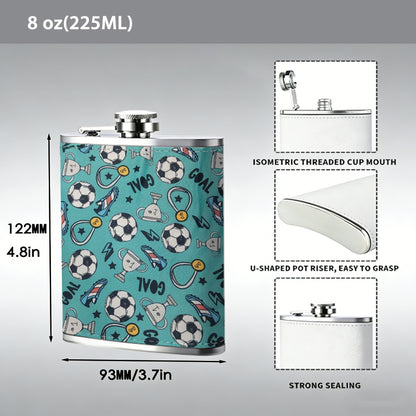Soccer balls on teal background 1pc 8oz -Wrapped Portable Camping Flask, Stainless Steel Flat Liquor Bottle for Outdoor Use