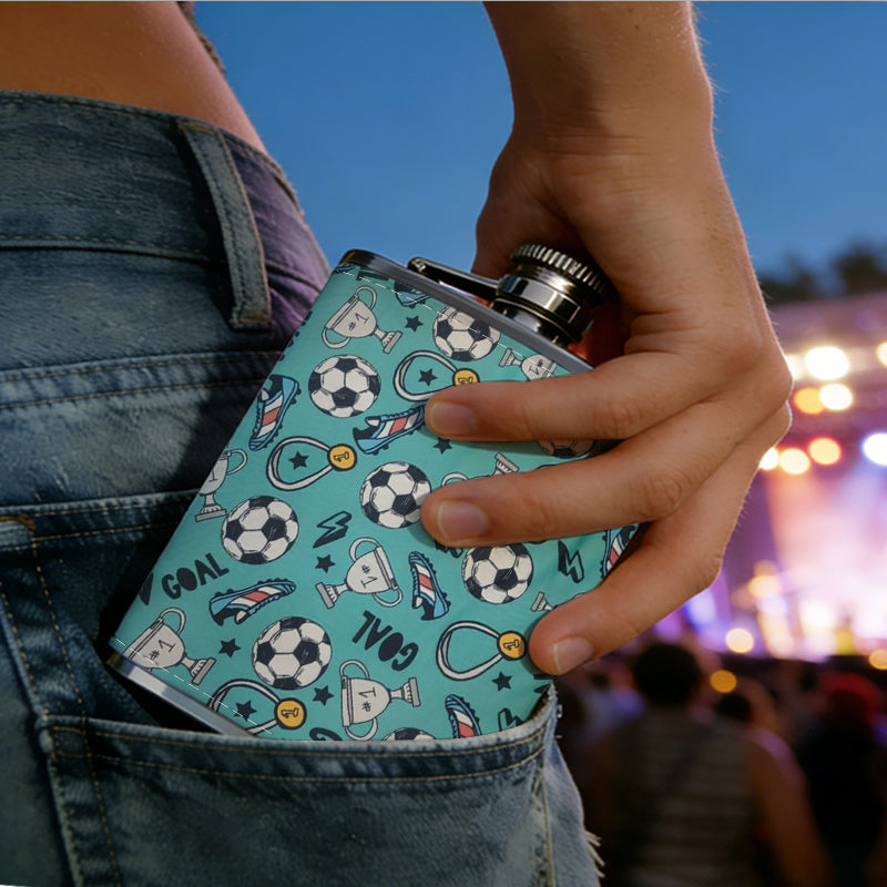 Soccer balls on teal background 1pc 8oz -Wrapped Portable Camping Flask, Stainless Steel Flat Liquor Bottle for Outdoor Use