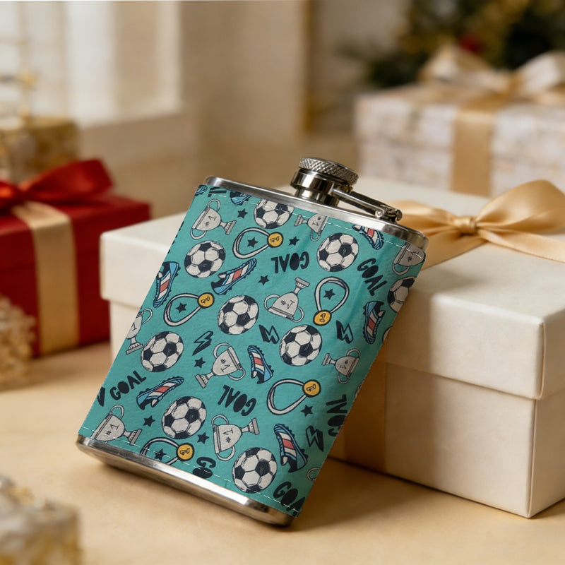 Soccer balls on teal background 1pc 8oz -Wrapped Portable Camping Flask, Stainless Steel Flat Liquor Bottle for Outdoor Use