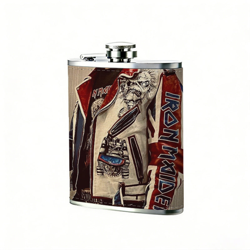 Partial view of a patterned biker jacket 1pc 8oz -Wrapped Portable Camping Flask, Stainless Steel Flat Liquor Bottle for Outdoor Use