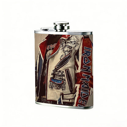 Partial view of a patterned biker jacket 1pc 8oz -Wrapped Portable Camping Flask, Stainless Steel Flat Liquor Bottle for Outdoor Use