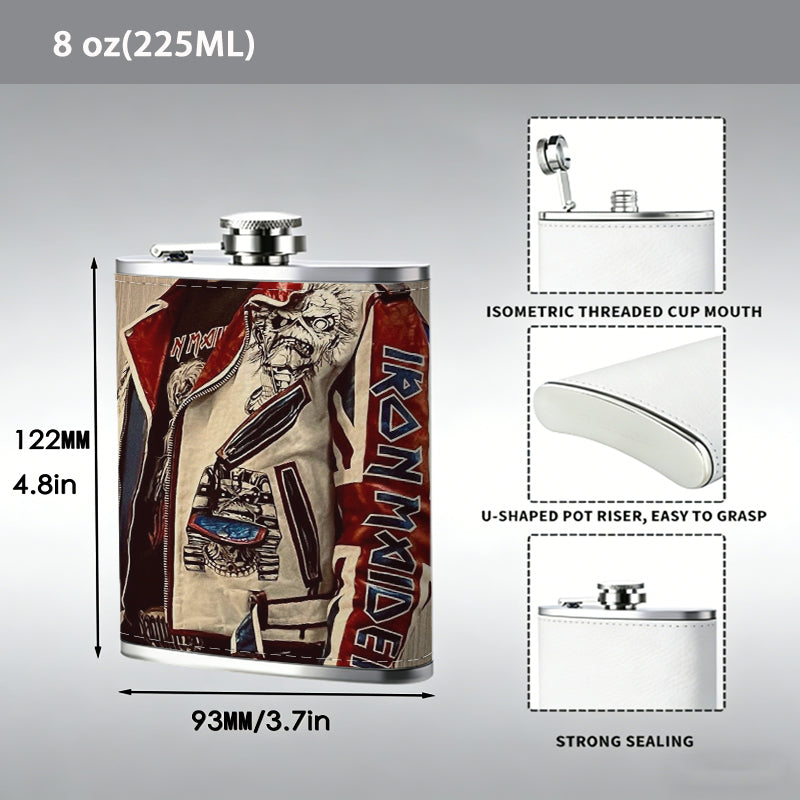 Partial view of a patterned biker jacket 1pc 8oz -Wrapped Portable Camping Flask, Stainless Steel Flat Liquor Bottle for Outdoor Use