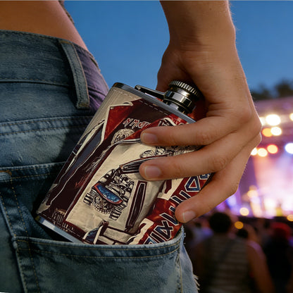 Partial view of a patterned biker jacket 1pc 8oz -Wrapped Portable Camping Flask, Stainless Steel Flat Liquor Bottle for Outdoor Use