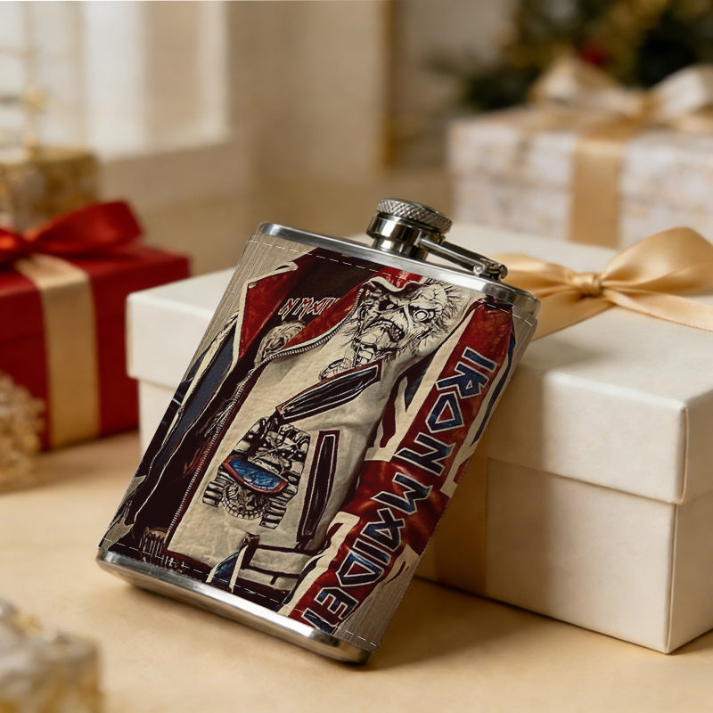 Partial view of a patterned biker jacket 1pc 8oz -Wrapped Portable Camping Flask, Stainless Steel Flat Liquor Bottle for Outdoor Use