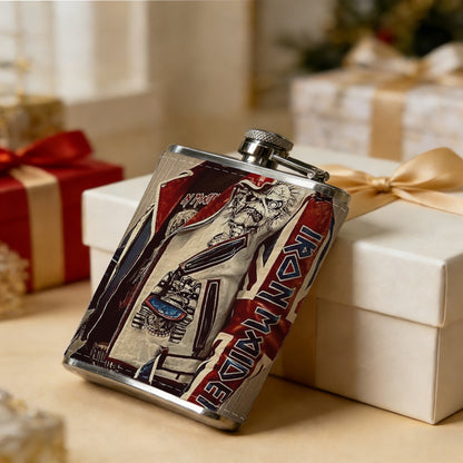 Partial view of a patterned biker jacket 1pc 8oz -Wrapped Portable Camping Flask, Stainless Steel Flat Liquor Bottle for Outdoor Use