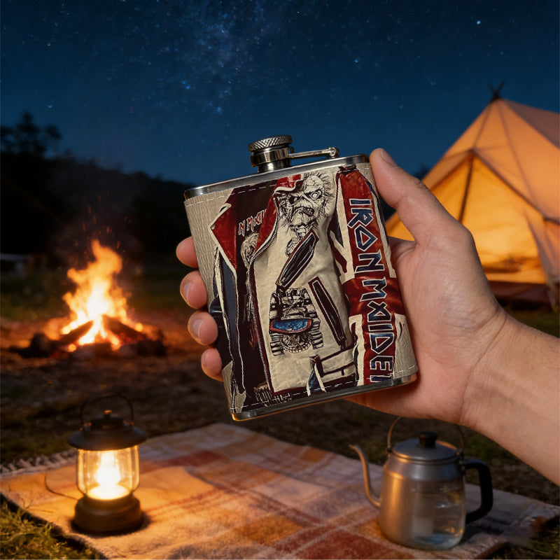 Partial view of a patterned biker jacket 1pc 8oz -Wrapped Portable Camping Flask, Stainless Steel Flat Liquor Bottle for Outdoor Use