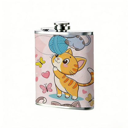 Three cute cartoon cats with hearts 1pc 8oz -Wrapped Portable Camping Flask, Stainless Steel Flat Liquor Bottle for Outdoor Use