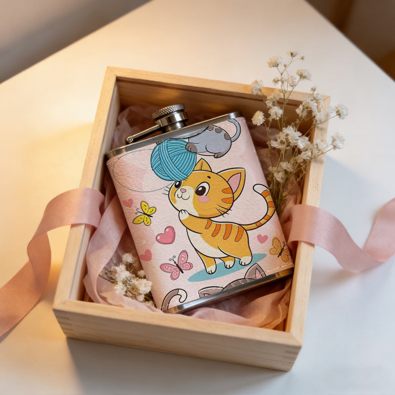 Three cute cartoon cats with hearts 1pc 8oz -Wrapped Portable Camping Flask, Stainless Steel Flat Liquor Bottle for Outdoor Use