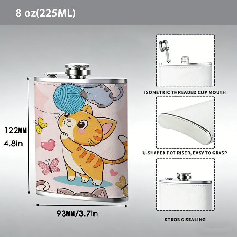 Three cute cartoon cats with hearts 1pc 8oz -Wrapped Portable Camping Flask, Stainless Steel Flat Liquor Bottle for Outdoor Use