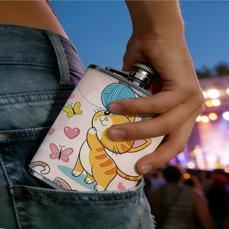 Three cute cartoon cats with hearts 1pc 8oz -Wrapped Portable Camping Flask, Stainless Steel Flat Liquor Bottle for Outdoor Use