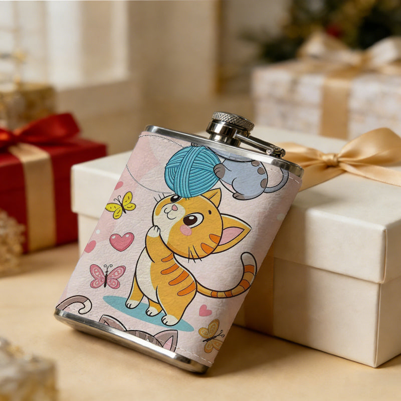 Three cute cartoon cats with hearts 1pc 8oz -Wrapped Portable Camping Flask, Stainless Steel Flat Liquor Bottle for Outdoor Use