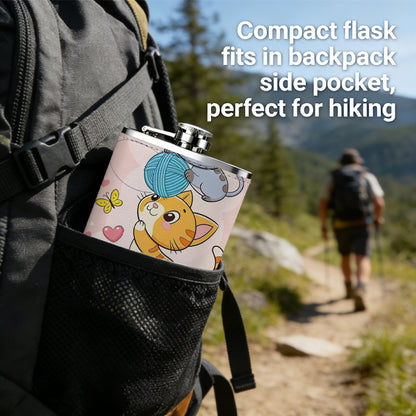 Three cute cartoon cats with hearts 1pc 8oz -Wrapped Portable Camping Flask, Stainless Steel Flat Liquor Bottle for Outdoor Use