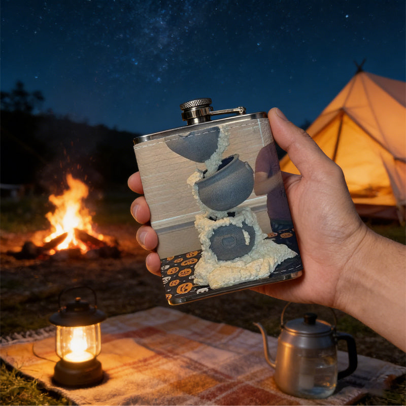 Black pots stacked on a display stand 1pc 8oz -Wrapped Portable Camping Flask, Stainless Steel Flat Liquor Bottle for Outdoor Use
