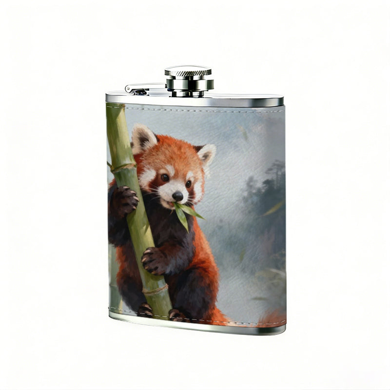 Red panda clinging to bamboo stalks 1pc 8oz -Wrapped Portable Camping Flask, Stainless Steel Flat Liquor Bottle for Outdoor Use