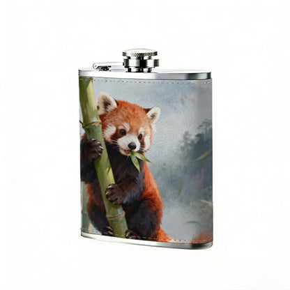 Red panda clinging to bamboo stalks 1pc 8oz -Wrapped Portable Camping Flask, Stainless Steel Flat Liquor Bottle for Outdoor Use