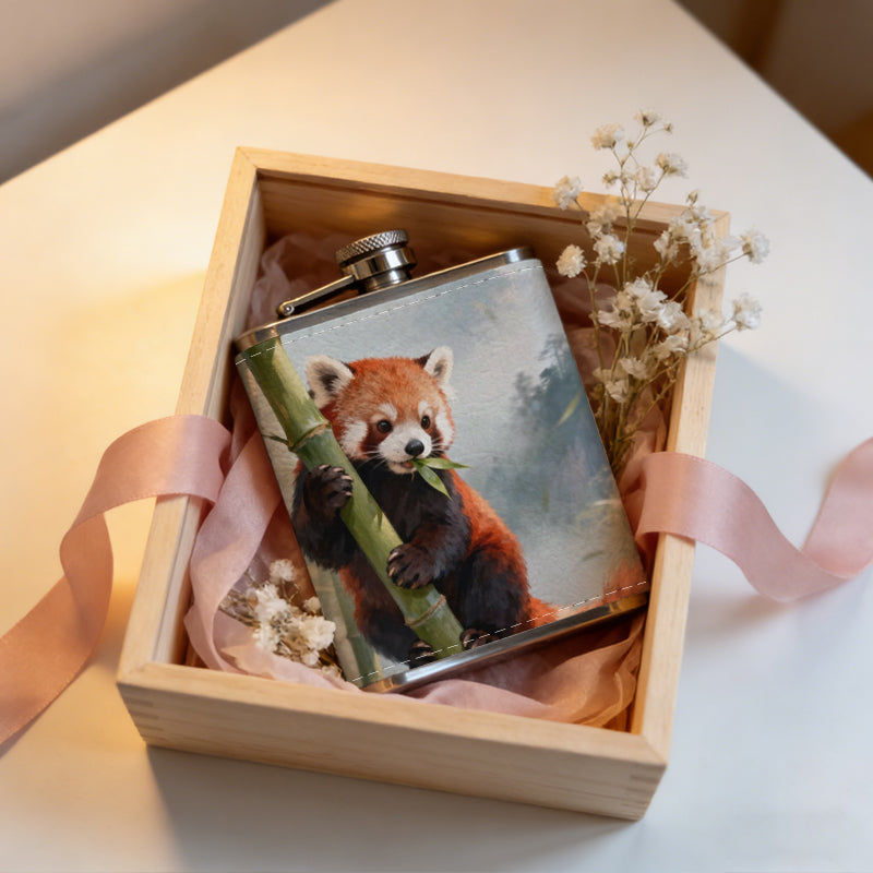 Red panda clinging to bamboo stalks 1pc 8oz -Wrapped Portable Camping Flask, Stainless Steel Flat Liquor Bottle for Outdoor Use