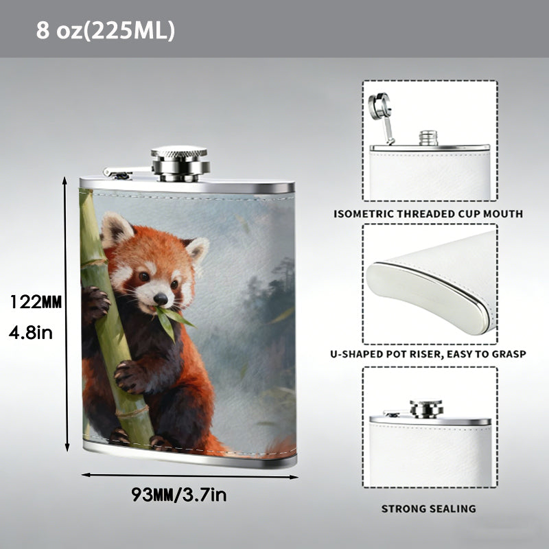 Red panda clinging to bamboo stalks 1pc 8oz -Wrapped Portable Camping Flask, Stainless Steel Flat Liquor Bottle for Outdoor Use