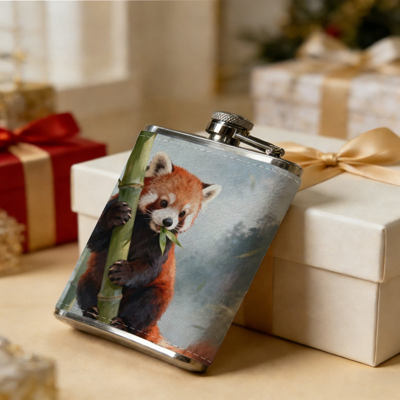 Red panda clinging to bamboo stalks 1pc 8oz -Wrapped Portable Camping Flask, Stainless Steel Flat Liquor Bottle for Outdoor Use