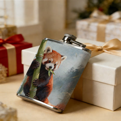 Red panda clinging to bamboo stalks 1pc 8oz -Wrapped Portable Camping Flask, Stainless Steel Flat Liquor Bottle for Outdoor Use