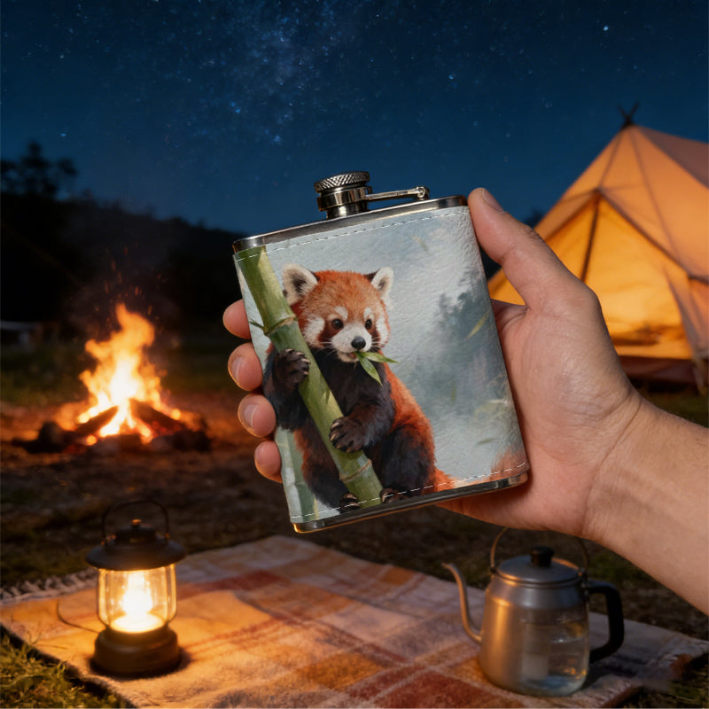 Red panda clinging to bamboo stalks 1pc 8oz -Wrapped Portable Camping Flask, Stainless Steel Flat Liquor Bottle for Outdoor Use