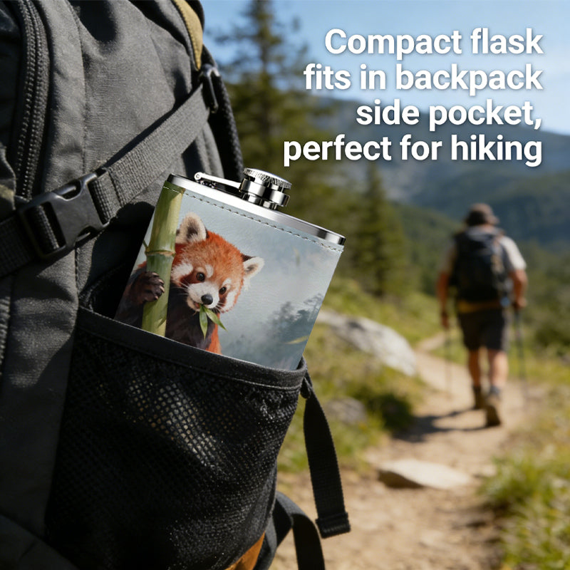 Red panda clinging to bamboo stalks 1pc 8oz -Wrapped Portable Camping Flask, Stainless Steel Flat Liquor Bottle for Outdoor Use