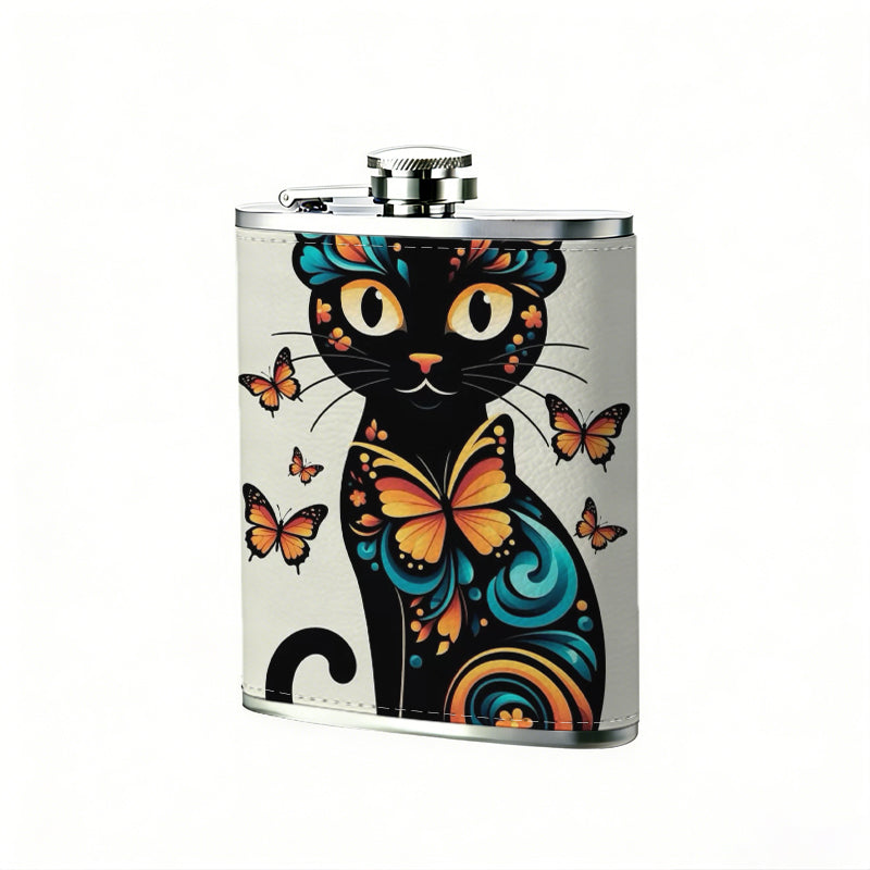 Artistic black cat with butterflies 1pc of a Portable Flask, a Small Stainless Steel Liquor Flask, 8-Ounce Capacity, Suitable for Outdoor And Home Use