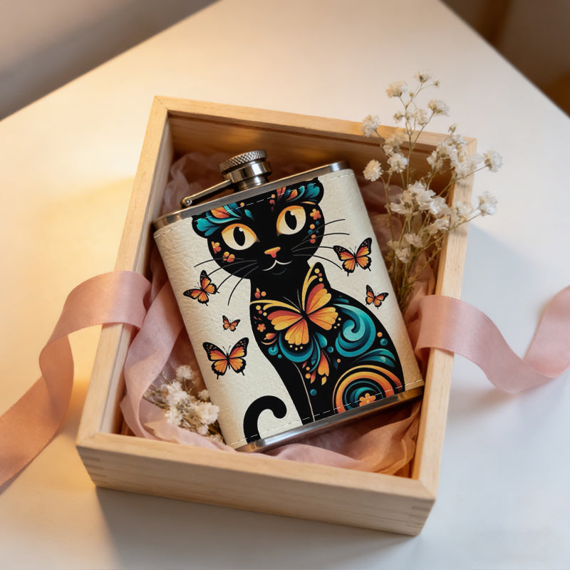 Artistic black cat with butterflies 1pc of a Portable Flask, a Small Stainless Steel Liquor Flask, 8-Ounce Capacity, Suitable for Outdoor And Home Use
