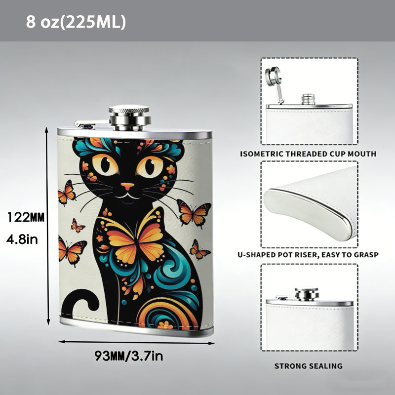 Artistic black cat with butterflies 1pc of a Portable Flask, a Small Stainless Steel Liquor Flask, 8-Ounce Capacity, Suitable for Outdoor And Home Use