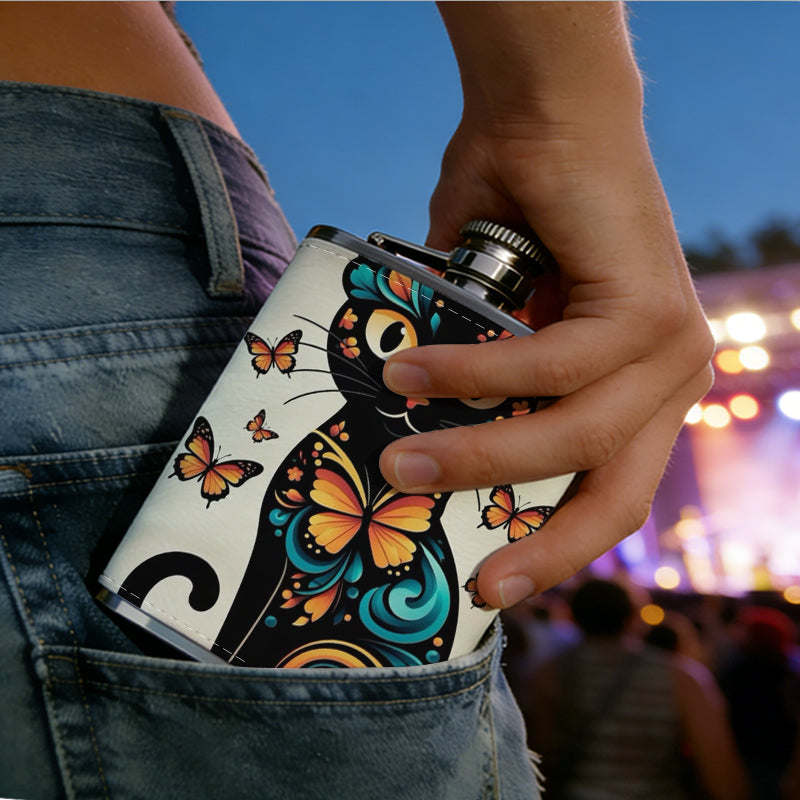 Artistic black cat with butterflies 1pc of a Portable Flask, a Small Stainless Steel Liquor Flask, 8-Ounce Capacity, Suitable for Outdoor And Home Use