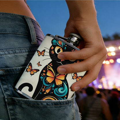 Artistic black cat with butterflies 1pc of a Portable Flask, a Small Stainless Steel Liquor Flask, 8-Ounce Capacity, Suitable for Outdoor And Home Use