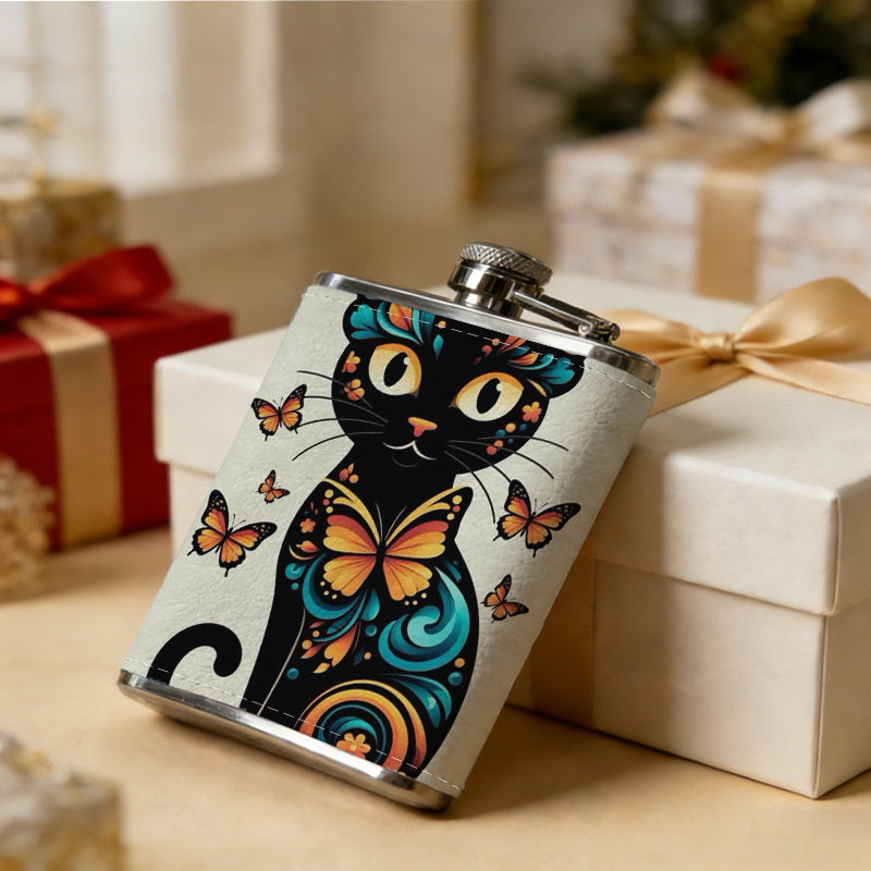 Artistic black cat with butterflies 1pc of a Portable Flask, a Small Stainless Steel Liquor Flask, 8-Ounce Capacity, Suitable for Outdoor And Home Use