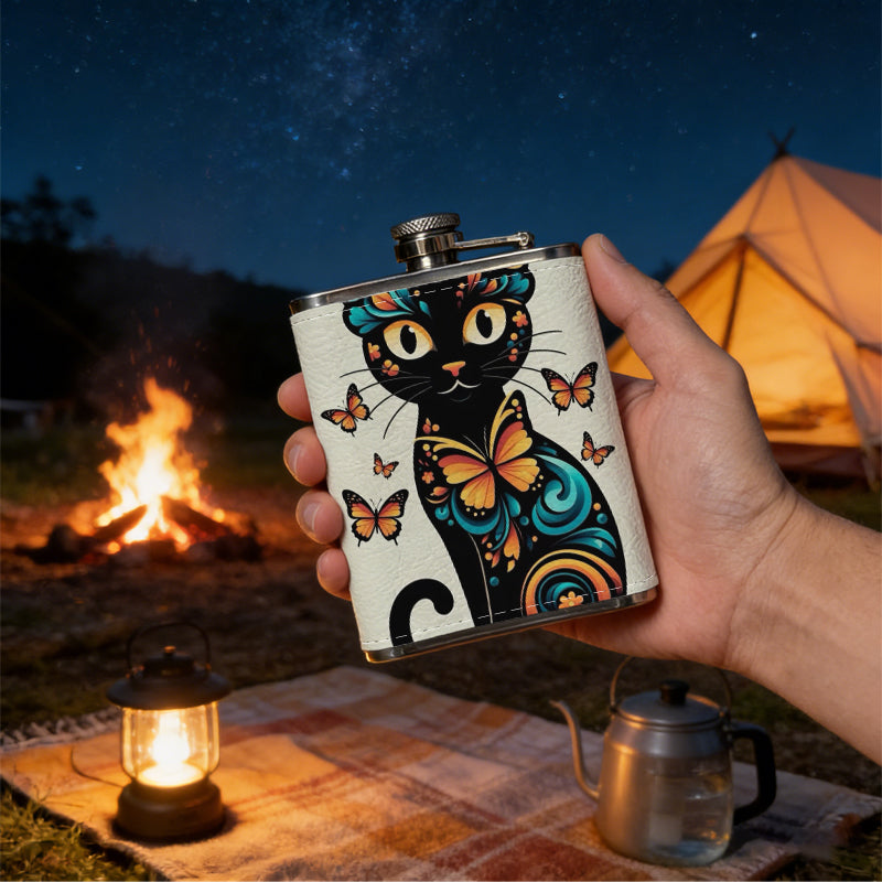 Artistic black cat with butterflies 1pc of a Portable Flask, a Small Stainless Steel Liquor Flask, 8-Ounce Capacity, Suitable for Outdoor And Home Use