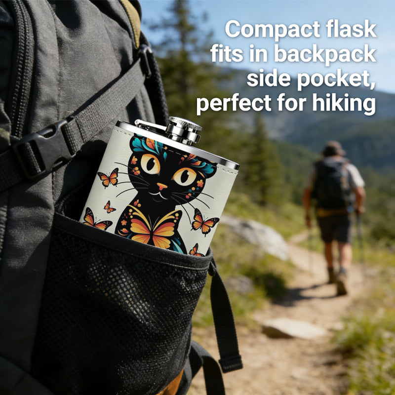 Artistic black cat with butterflies 1pc of a Portable Flask, a Small Stainless Steel Liquor Flask, 8-Ounce Capacity, Suitable for Outdoor And Home Use
