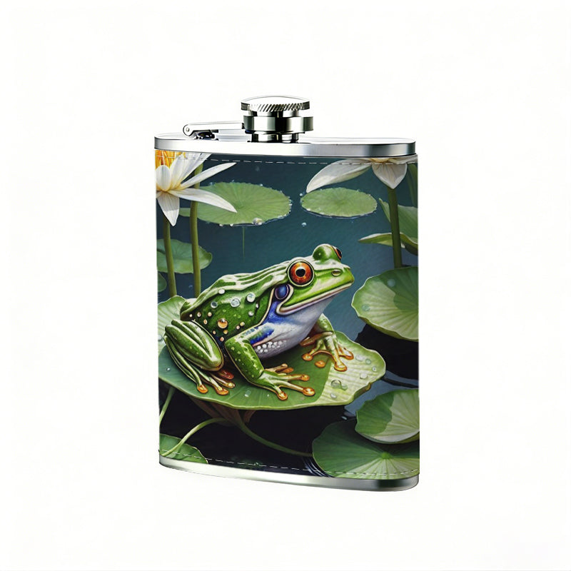 Frog on lily pad among lotus flowers 1pc of a Portable Flask, a Small Stainless Steel Liquor Flask, 8-Ounce Capacity, Suitable for Outdoor And Home Use