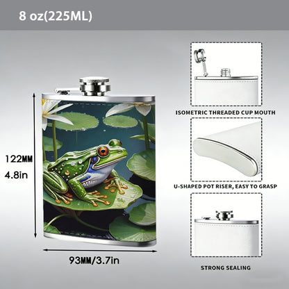 Frog on lily pad among lotus flowers 1pc of a Portable Flask, a Small Stainless Steel Liquor Flask, 8-Ounce Capacity, Suitable for Outdoor And Home Use