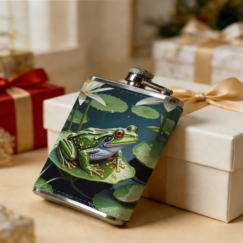 Frog on lily pad among lotus flowers 1pc of a Portable Flask, a Small Stainless Steel Liquor Flask, 8-Ounce Capacity, Suitable for Outdoor And Home Use