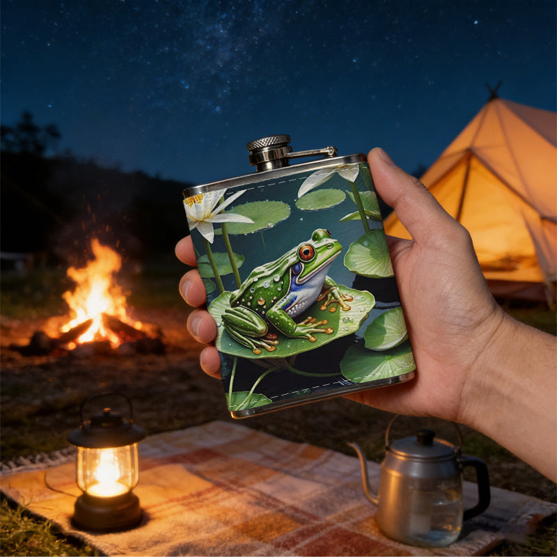 Frog on lily pad among lotus flowers 1pc of a Portable Flask, a Small Stainless Steel Liquor Flask, 8-Ounce Capacity, Suitable for Outdoor And Home Use