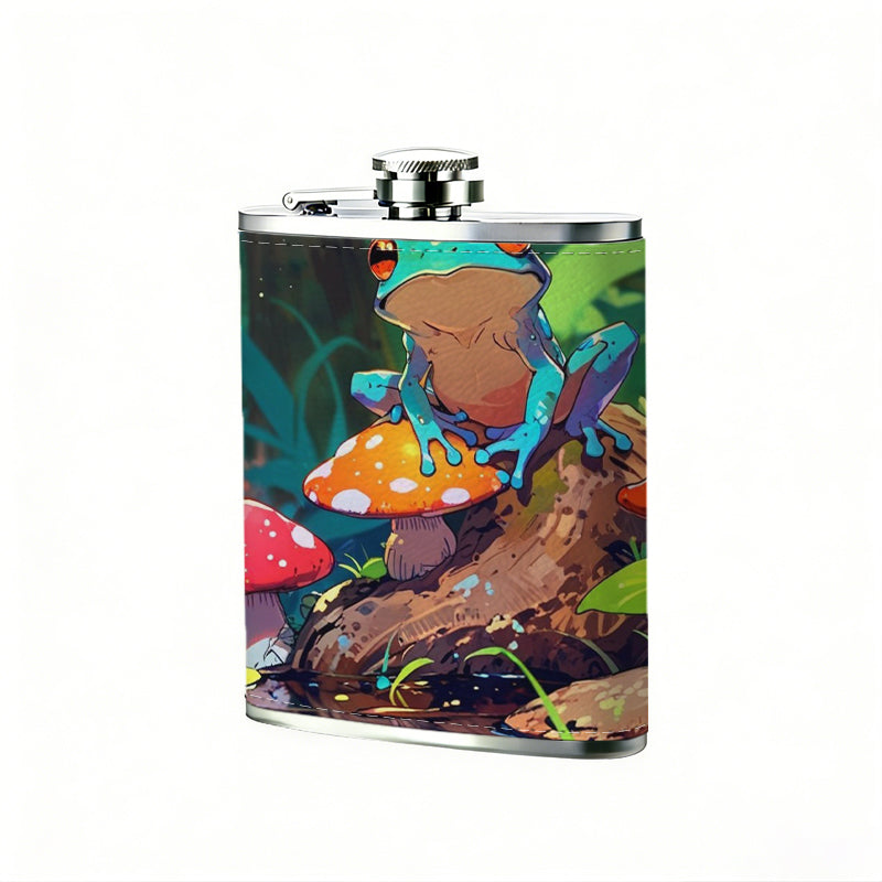 Red-eyed tree frog and mushrooms 1pc of a Portable Flask, a Small Stainless Steel Liquor Flask, 8-Ounce Capacity, Suitable for Outdoor And Home Use