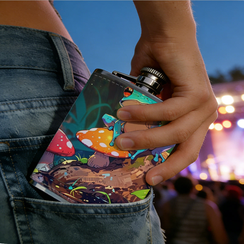 Red-eyed tree frog and mushrooms 1pc of a Portable Flask, a Small Stainless Steel Liquor Flask, 8-Ounce Capacity, Suitable for Outdoor And Home Use
