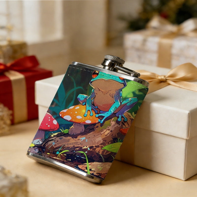 Red-eyed tree frog and mushrooms 1pc of a Portable Flask, a Small Stainless Steel Liquor Flask, 8-Ounce Capacity, Suitable for Outdoor And Home Use